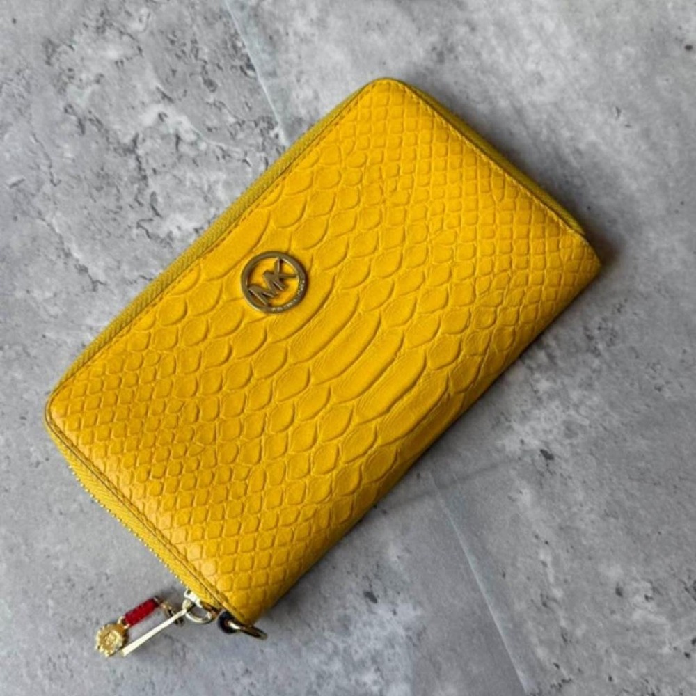 Michael Kors Yellow Snakeskin Embossed Leather Zip Around Wallet Gold Logo